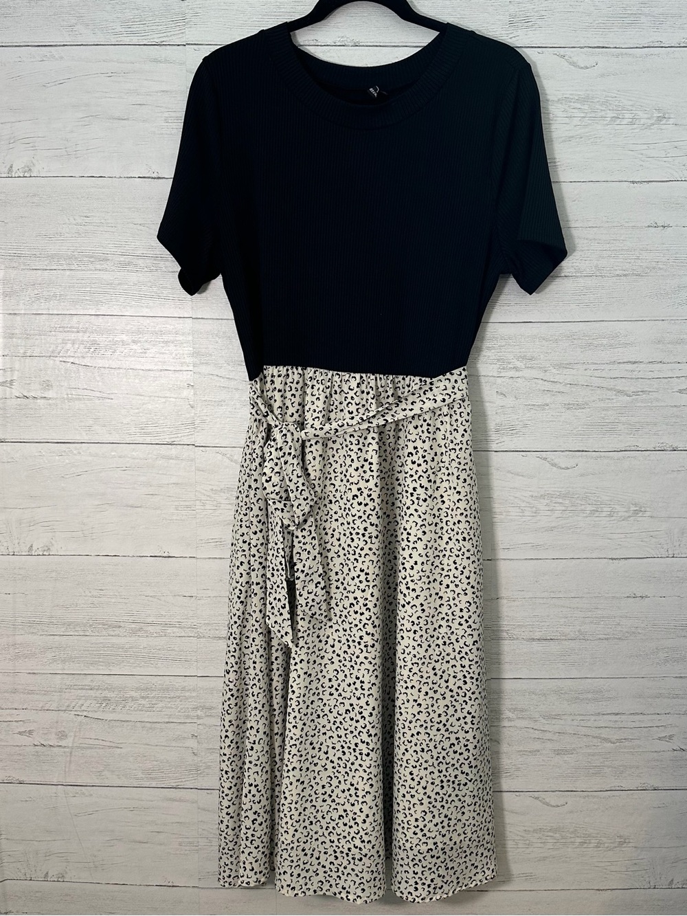 Black Ribbed Top with Cream Leopard Print Skirt Dress